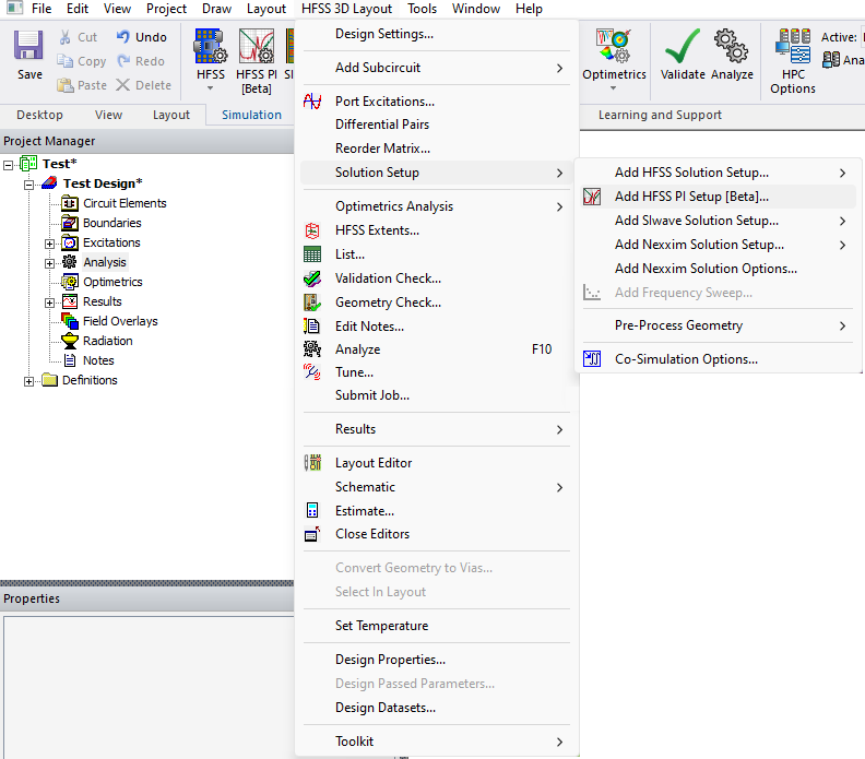 Solution Setup > Add HFSS PI Setup