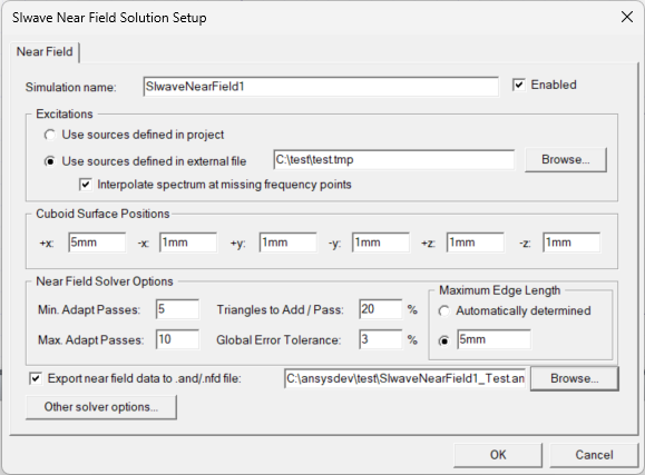 SIwave Near Field Solution Setup Window