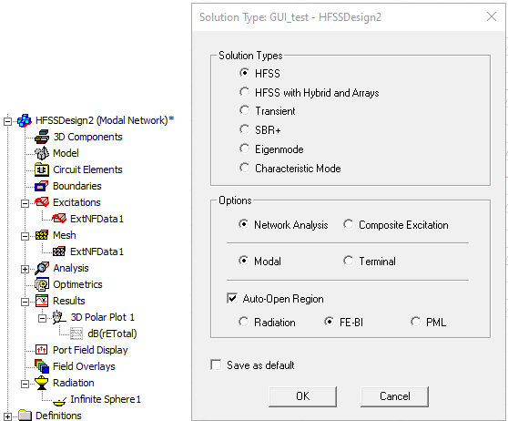 Project Tree showinf HFSSDesign2. Solution Type dialog.