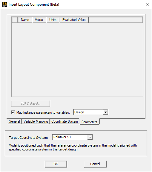 Insert Layout Component Parameters tab
