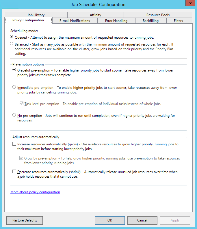 Job Schedular Congfiguration dialog. Policy Configuration tab.