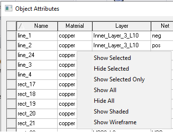 Object Attribute dialog. Shortcut menu, options for vizualization of objects.