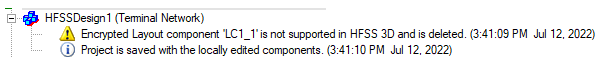 Project tree displaying deleted components and warning messages.