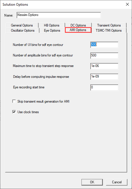 Solution Options Window. AMI Options tab highlighted.