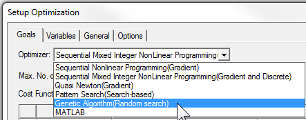 Setup Optimization window. Goals tab open, Optimizer drop-down menu open, Genetic Algorithm (Random search) selected.
