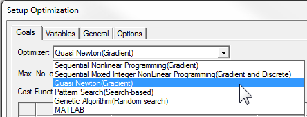 Setup Optimization window. Goals tab open, Optimizer drop-down menu open, Quasi Newton (gradient) selected. 