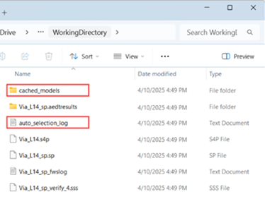 Two file explorer windows showing cached models directory and auto selection log file.