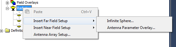 Radiation shortcut menu, Insert Far Field Setup option expanded, options listed.
