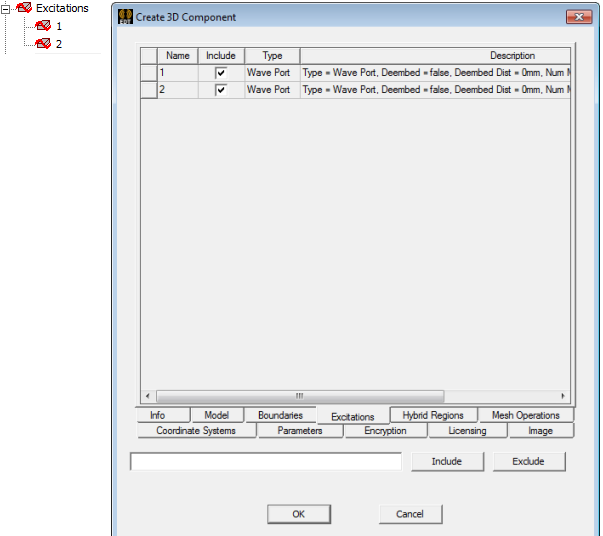 Create a 3D Component dialog. Excitations tab.