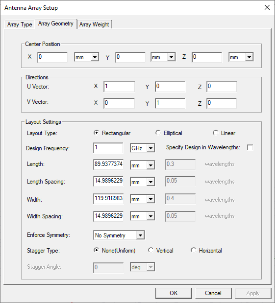 Antenna Array Setup dialog, Array Geometry tab..