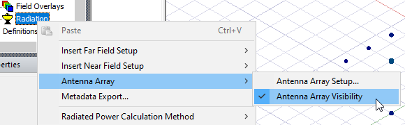 Radiation shortcut menu, Antenna Array option expanded, Antenna Array Visibility option highlighted.