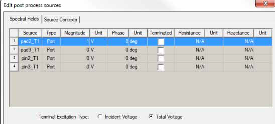 Edit Post Process Sources dialog. Spectral Fields tab.
