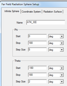 Far Field Radiation Sphere Setup dialog. Infinit Sphere tab.