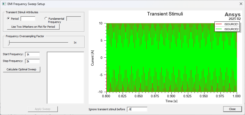 EMI Frequency Sweep Setup Window