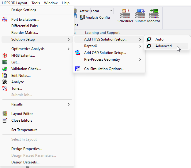 HFSS 3D Layout > Solution Setup > Add HFSS Solution Setup > Advanced