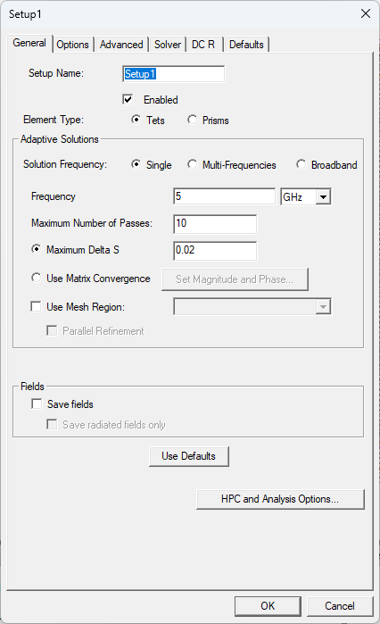HFSS Setup Window