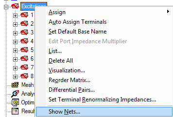 Excitations shortcut menu, Show Nets option highlighted.