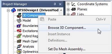 3D Components right-click menu. Browse 3D Component option highlighted.