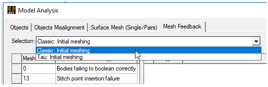 Model Analysis dialog. Selection drop-down menu.
