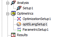 Project Manager tree, Optimetrics node expanded, OptiSLand setup listed and highlighted.