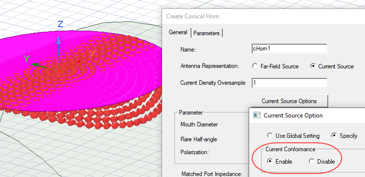 Create Conical Horn dialog. Current Source dialog. Current conformance group box, enable selected.