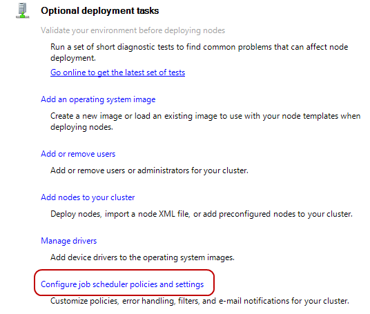 Optional Deployment Tasks header, Configure job scheduler polices and settings highlighted.