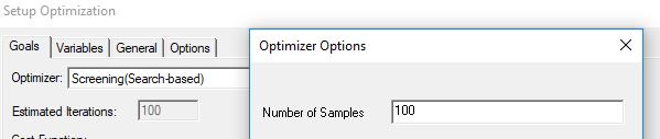 Optimizer Dialog open, Number of Samples field filled in with 100.