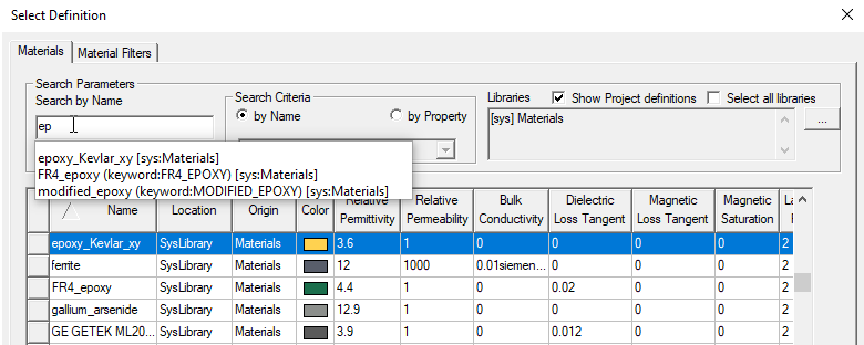 Select Definition window, materials tab open. Search by name paramenter filled. 