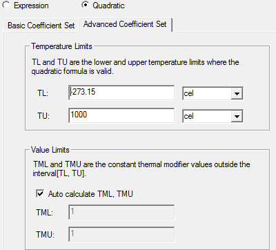 Quadratic selected. Advanced Coefficient Set tab open and filled.