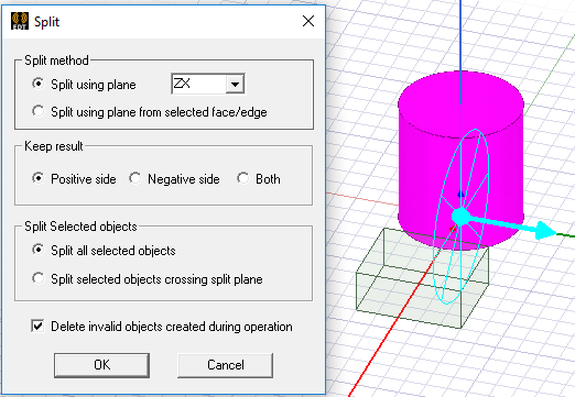 3D objects in model viewer. Cyan colored wheel showing the split plane with arrow pointing to positive side.
