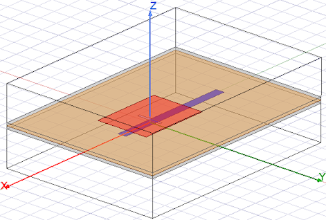 The Slot coupled patch antenna as seen in the 3D modeler