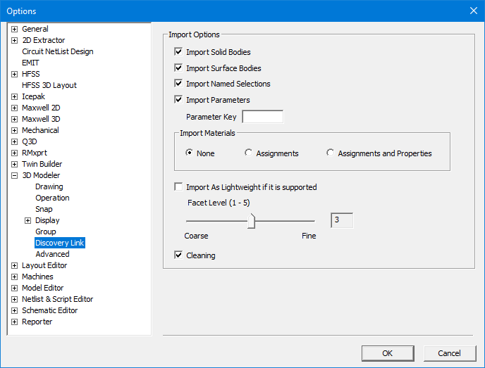 View of the 3D Modeler Discovery Link options in the Options window
