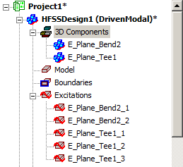 Project Manager window. Project Tree expanded showing 3D Components. Excitations also expanded.
