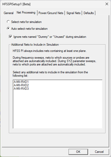 HFSS PI Setup - Net Processing Tab
