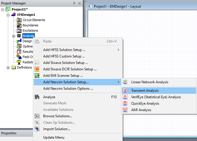 Analysis > Add Nexxim Solution Setup ... > Transient Analysis