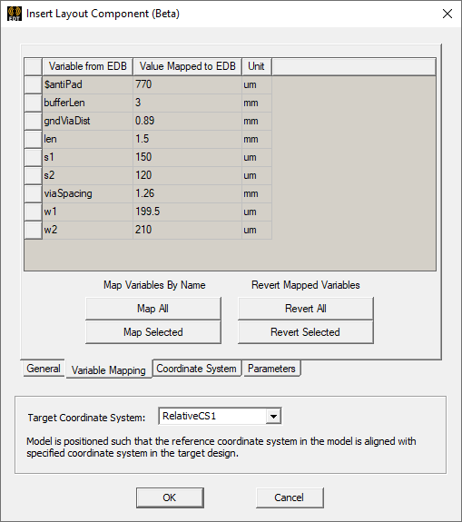 Insert Layout Component Variable Mapping tab