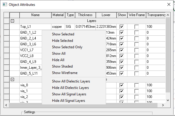 Object Attribute dialog. Shortcut menu, options for vizualization of layers..