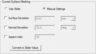 Curved Surface Meshing groupbox, mesh Manual Settings enabled.