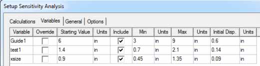 Setup Sensitivity Analysis window open. Variables tab open. 3 variables listed, column titles Include contains check marks for all 3 variables. 