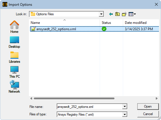 Insert Options dialog box showing a selected xml file