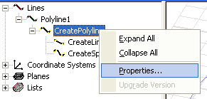 CreatePolyline shortcut menu. Properties highlighted.