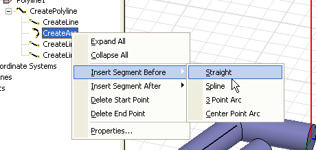 Shortcut menu. Insert Segment Before option expanded. Straight option highlighted.