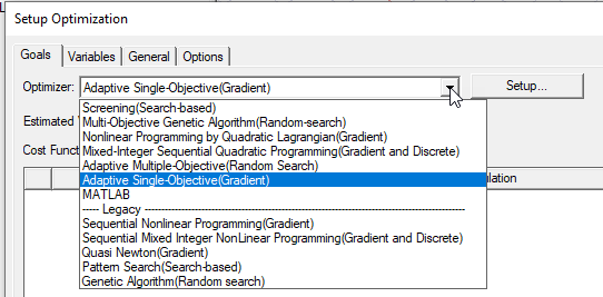 Setup Optimization window. Optimizer selection drop-down menu open.
