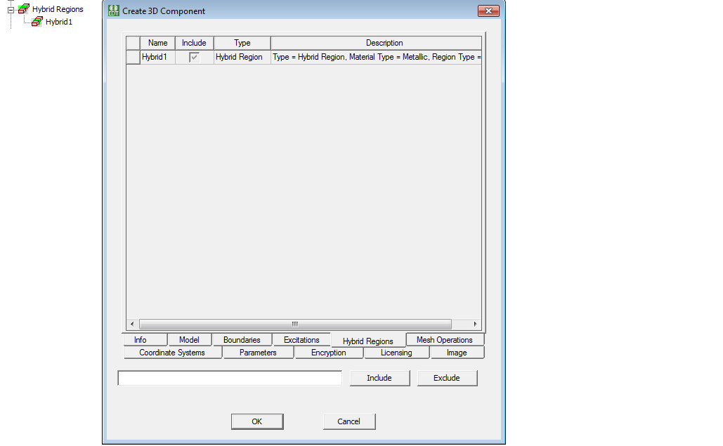 Create a 3D Component dialog. Hybrid Regions tab.