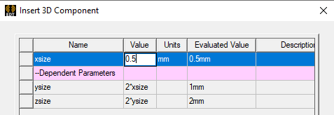 Create  3D Component dialog. Parameters tab, Dependent Parameters list highlighted. Parameter xsize value entered as 0.5 mm