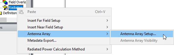 Radiation shortcut menu, Antenna Array option expaned, Antenna Array Setup option highlighted.