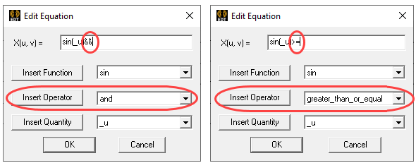 Edit equation diaog. Insert Operator set to and. Edit Equation dialog. Insert Operator set to greater_than_or_equal.