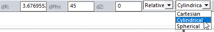 Status bar. Coordinate drop-down menu. Cylindrical option highlighted.