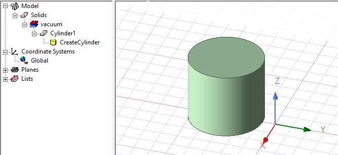 Modeler window, cylinder model.