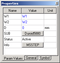 Param Values tab in the Property window of AEDT. Lists the simulation paramenters in tabular format. 